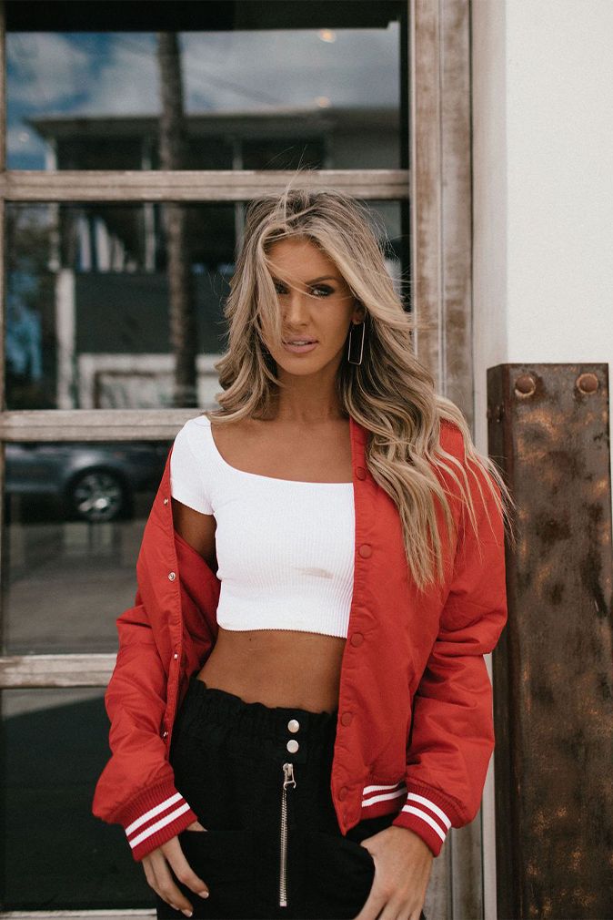 Biggest Fan Bomber Jacket – McKie Rae Halter Bra Top, Curvy Girl Outfits, Bra Tops, Red Blue, Cool Girl, Red And Blue, Bomber Jacket, Girl Outfits, Short Sleeves