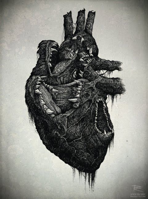 a black and white drawing of an animal's heart with blood dripping from it