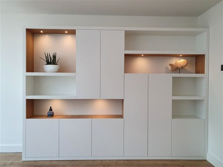 an empty room with white shelves and plants