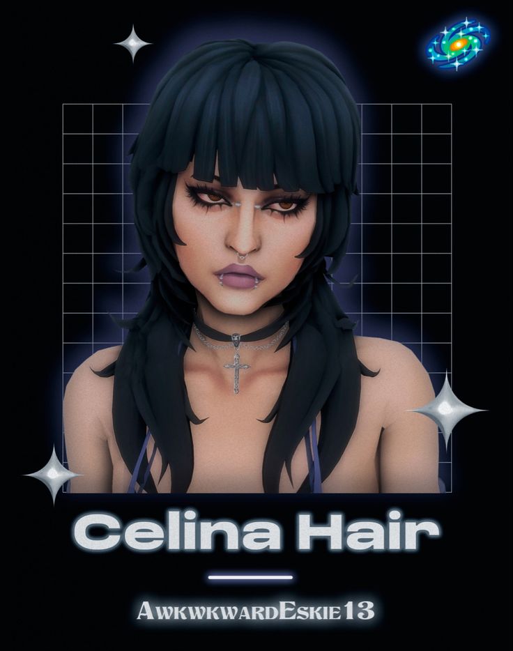 the poster for celinea hair is shown in blue and black colors with stars around it