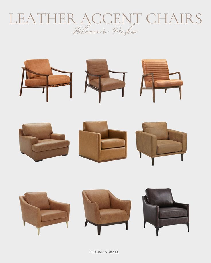 the leather accent chairs are shown in different colors and styles, including brown or tan