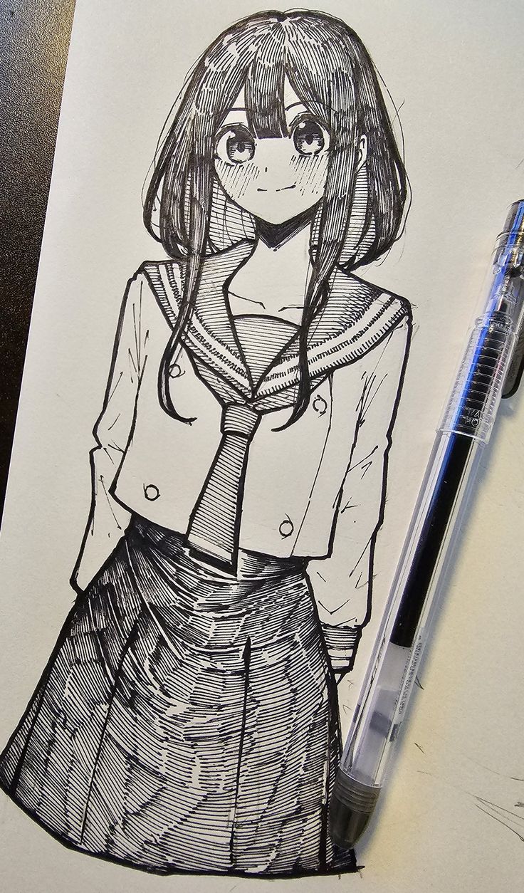 a drawing of a girl wearing a skirt and jacket