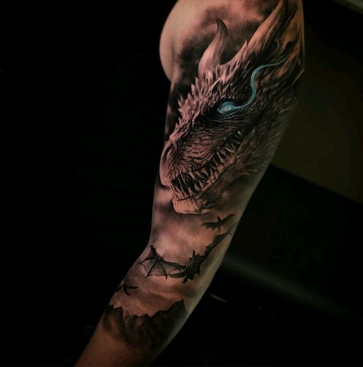 a man's arm with a dragon tattoo on it, and the eye is blue