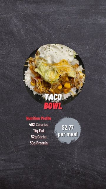 the menu for taco bowl is shown on a chalkboard background with an image of chicken and rice