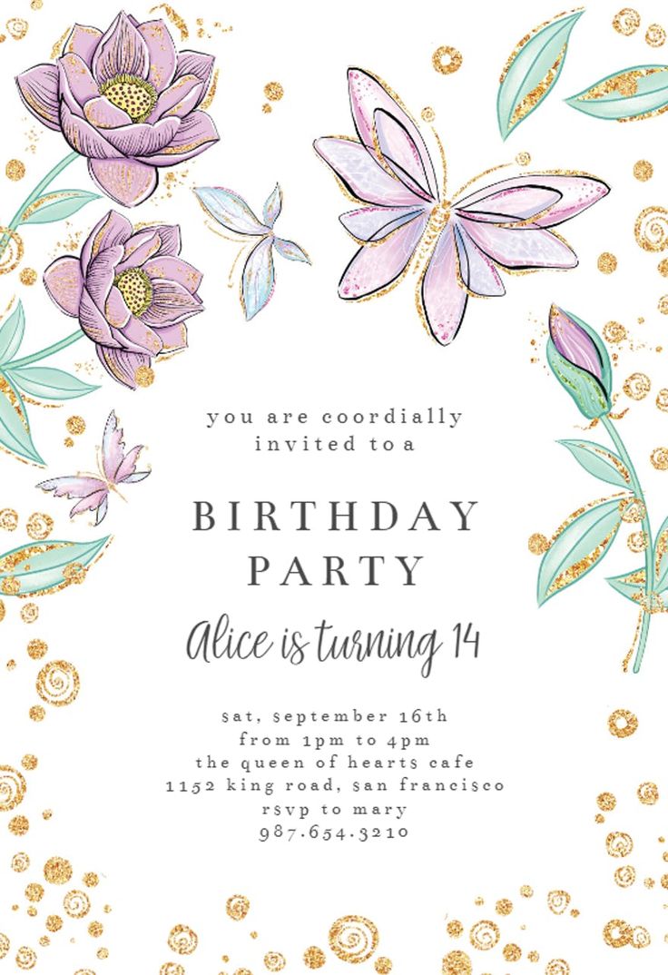 a birthday party card with flowers and butterflies on the front, in gold glitters