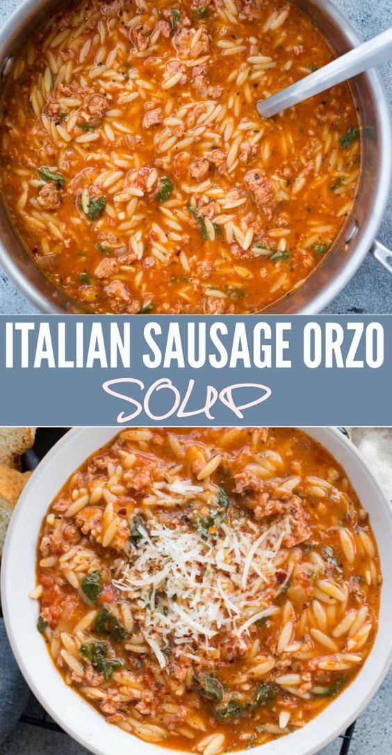 italian sausage orzo soup in a white bowl