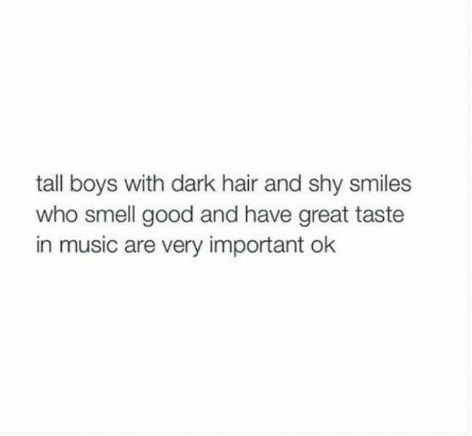 an image of some text that reads, tall boys with dark hair and shy smiles who smell good and have great taste in music are very important ok