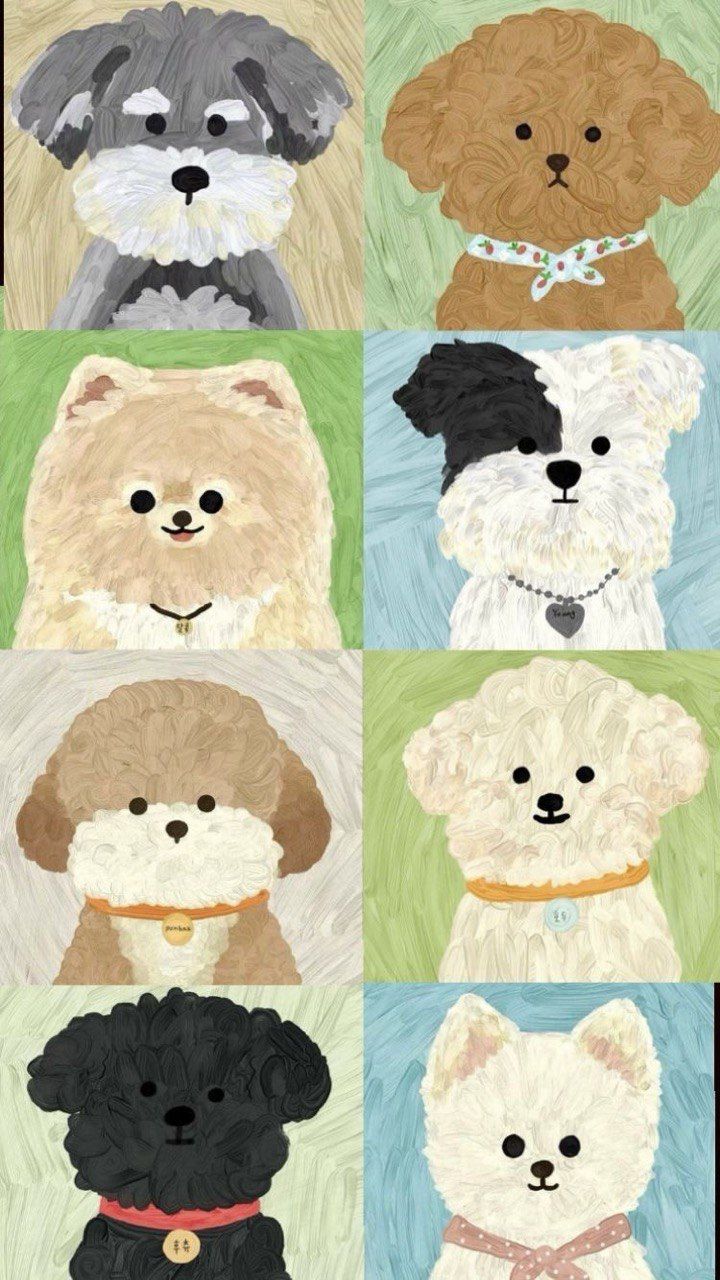 the four dogs are all different colors and sizes