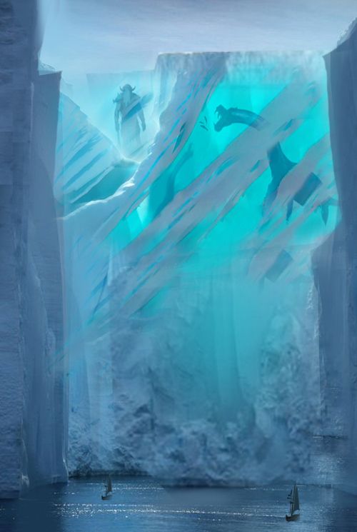 an ice cave with people swimming in it