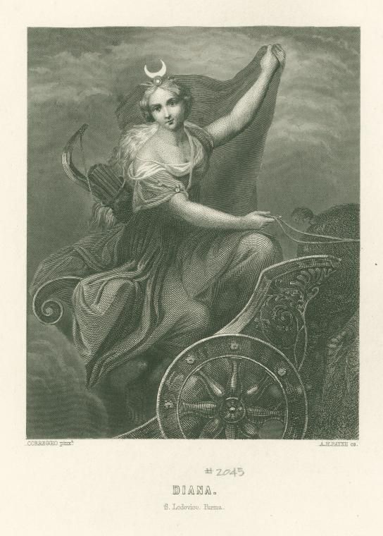 an old drawing of a woman with wings on her head, sitting in a chariot