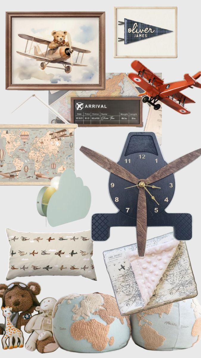 Selection of plane themed decor items such as vintage art in frame of bear piloting a plane, large front of plane shaped clock, blanket, world shaped cushions, plane pillow, cloud wall sconce, etc Baby Boy Airplane Nursery, Aviation Nursery Boy, Aviation Room Decor, Airplane Nursery Theme, Aviation Bedroom, Airplane Nursery Boy, Airplane Room Decor, Airplane Boys Room, Happy Birthday Marines