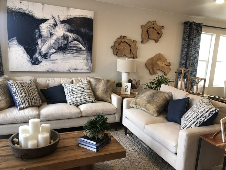 a living room with two couches, a coffee table and pictures on the wall