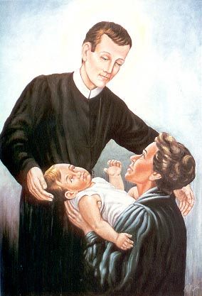 a painting of a man holding a baby in his arms with an adult looking on