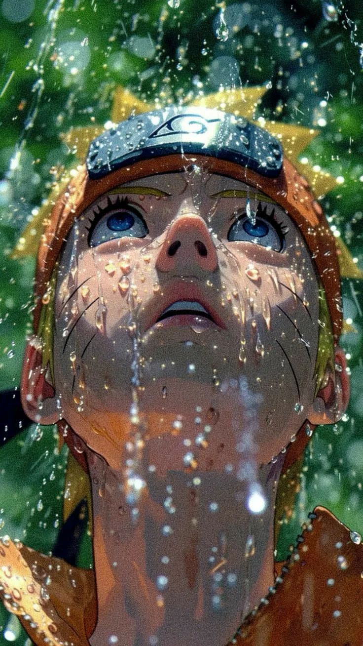 a young boy looking up at the sky with rain falling on his face and head