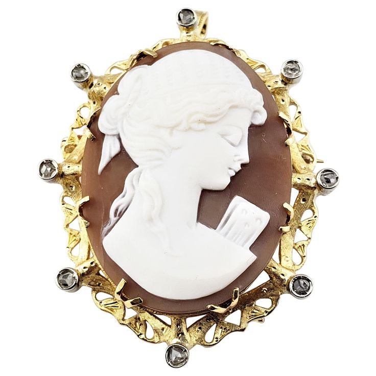 Vintage 18 Karat Yellow Gold and Diamond Cameo Brooch/Pendant- This elegant cameo features a lovely lady in profile framed in beautifully detailed 18K yellow gold and accented with eight round brilliant cut diamonds. Can be worn as a brooch or a pendant. * Chain not included Size: 46 mm x 37 mm Weight: 10.9 dwt. / 17.0 gr. Stamped: Made Italy TOMRO 750 Very good condition, professionally polished. Will come packaged in a gift box Cameo Brooch, Pin Pendant, Round Brilliant Cut Diamond, Brilliant Cut Diamond, Vintage Brooches, Round Brilliant, Gold Diamond, Diamond Cuts, Gift Box