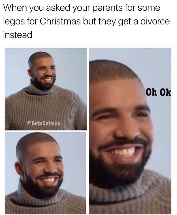 three photos of a man with beards and sweater smiling at the camera, one has an ornament on his head