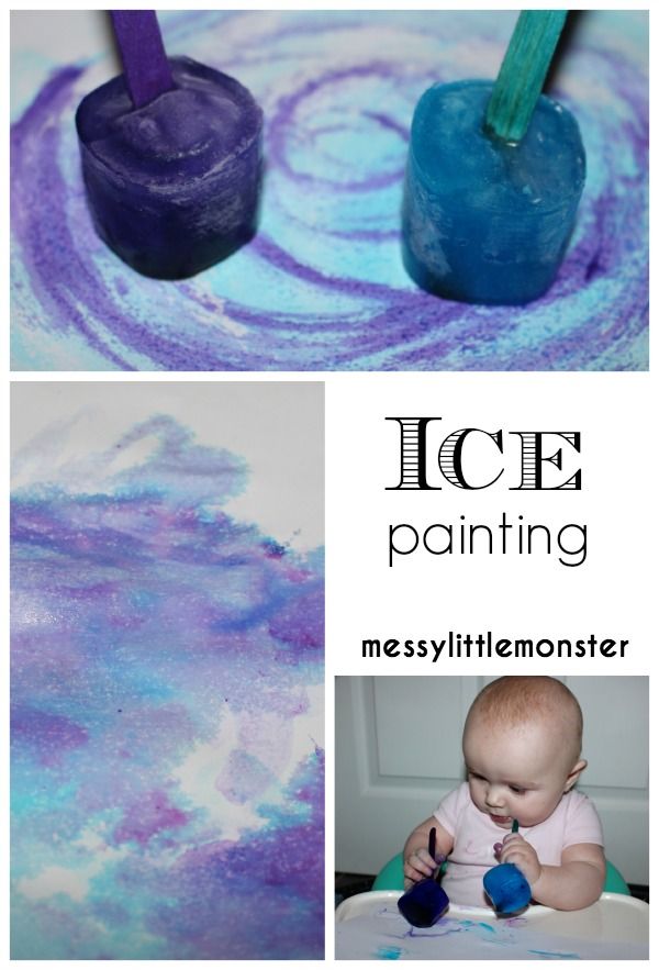 two pictures with the words ice painting and an image of a baby sitting in a chair