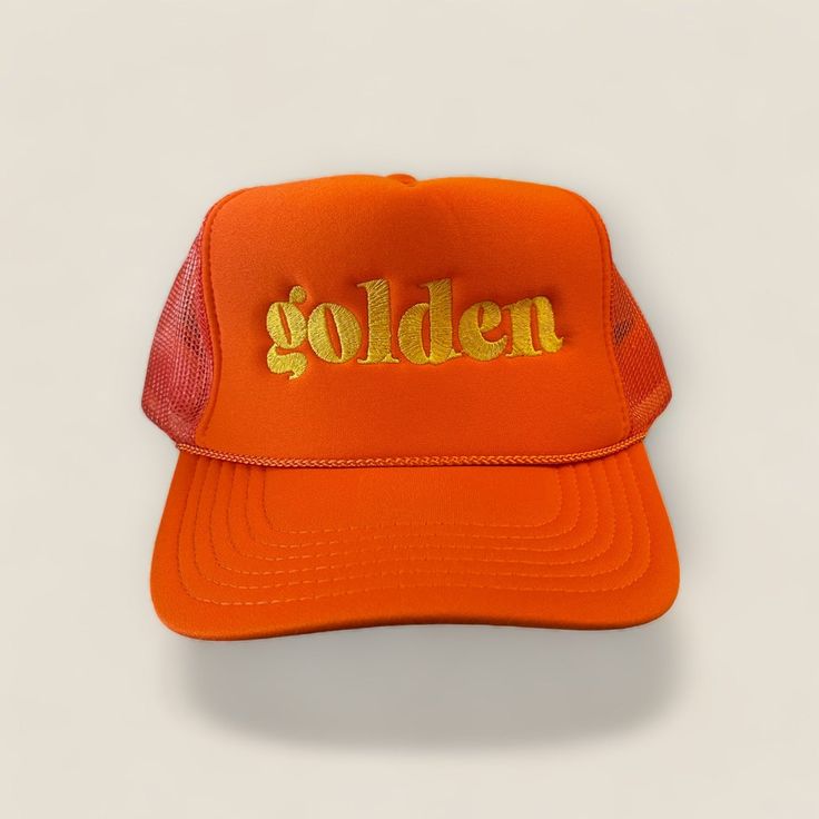 Life is GOLDEN especially when wearing this Golden Trucker Hat! Orange hat with embroidered yellow design. All of our products are handmade to order and ship within 10 business days. Thank you for shopping small! Adjustable Gold Snapback Baseball Cap, Gold Adjustable Snapback Baseball Cap, Gold Adjustable Snapback Hat, Adjustable Gold Snapback Hat, Adjustable Gold Snapback Cap, Gold Baseball Cap For Summer, Summer Gold Trucker Hat, Gold Snapback Hat With Curved Brim, Gold One Size Snapback Baseball Cap