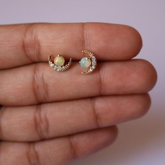 Australian Opal Gemstone Half Moon Studs in 14k Yellow Gold | Etsy Elegant Moon-shaped Jewelry With Matching Earrings, Gold Celestial Earrings With Diamond Accents, Celestial Gold Earrings With Diamond Accents, 14k Gold Crescent Earrings For Anniversary, 14k Gold Round Celestial Earrings, 14k Gold Celestial Round Earrings, 14k Gold Crescent Pierced Jewelry, 14k Gold Crescent Shaped Pierced Jewelry, Yellow Gold Moon Shaped Jewelry With Birthstone