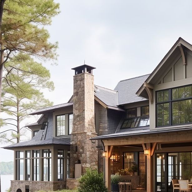 a large house sitting on top of a lush green field next to a forest filled with trees