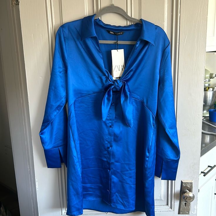 Zara Silky Cobalt Blue Dress Nwt Xl, Fits L Long Sleeve Blue Dress For Day Out, Blue Mini Shirt Dress For Casual Wear, Casual Blue Mini Shirt Dress, Blue Long Sleeve Dress For Date Night, Casual Blue Shirt Dress For Party, Zara Blue Midi Length Shirt Dress, Chic Blue Shirt Dress For Party, Zara Blue Fitted Shirt Dress, Blue Fitted Shirt Dress By Zara