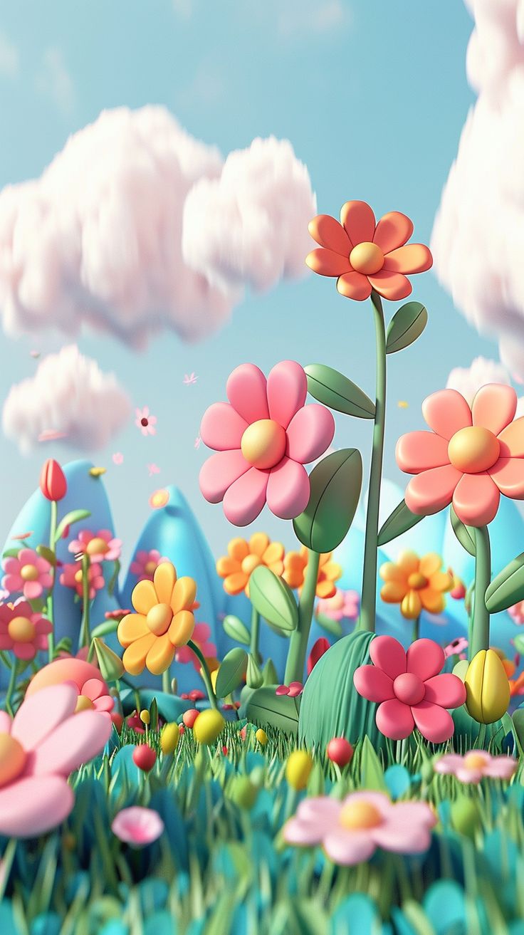 an animated scene with flowers and clouds in the sky