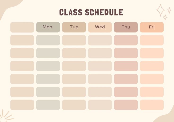 a class schedule is shown with pastel colors on the side and brown, pink, beige