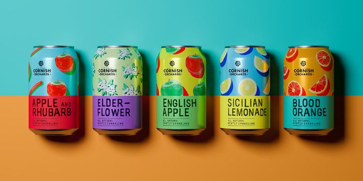 six cans of cider apple, orange, and lemonade are lined up in a row