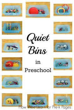 the words quiet bins in preschool are shown with pictures of different items inside them