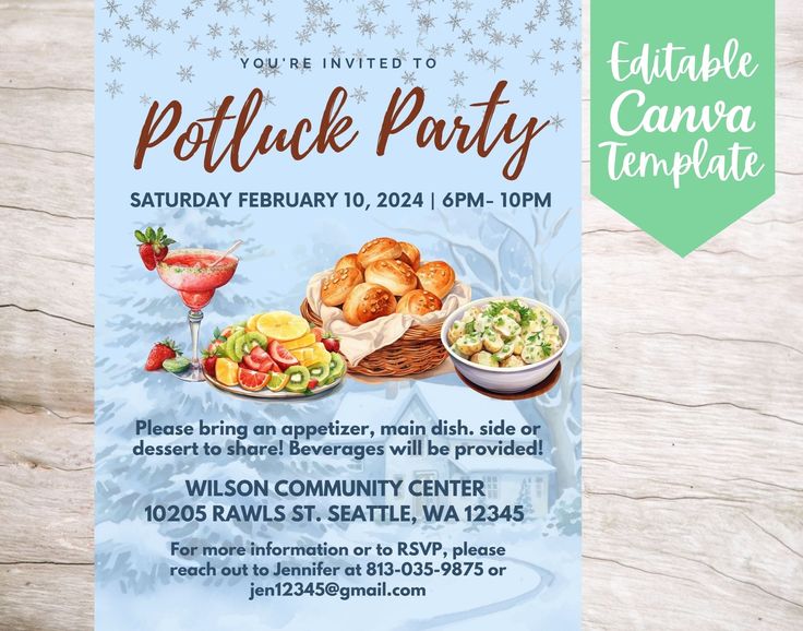 a flyer for a potluck party with food and drinks on the table next to it