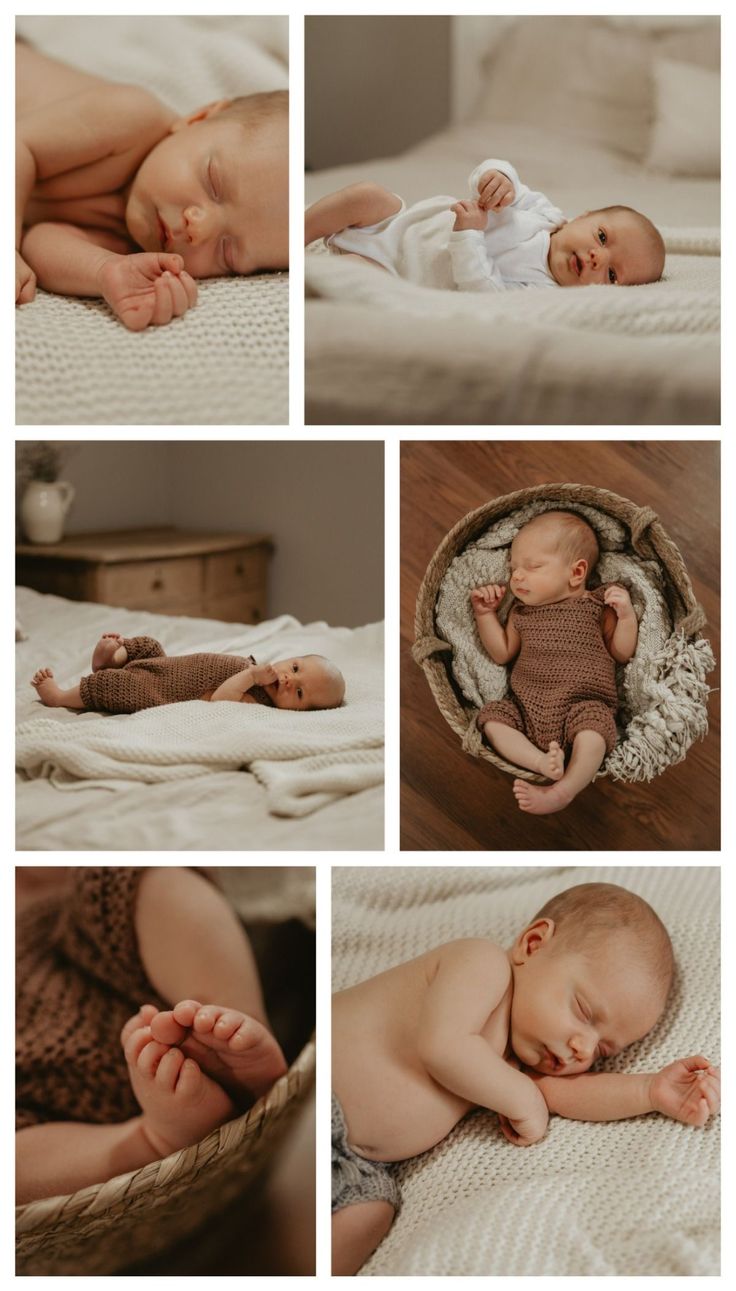 a collage of photos showing babys sleeping and laying down