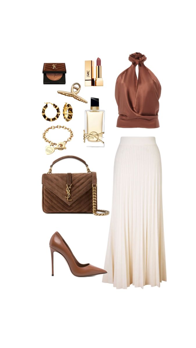 Trendy summer outfit ideas, party dresses, date night, wedding dress, cocktail outfit, cocktail dress 2024, white long skirt 2024, brown silk top, saint Lauren heels, brown heels, brown Saint Lauren bag, brown white style, fashion outfit, outfit ideas for date night Night Wedding Dress, Wedding Dress Cocktail, Outfit Ideas Party, Silk Skirt Outfit, Outfit Ideas For Date, Dresses Date, Ideas For Date Night, White Long Skirt, Evening Style