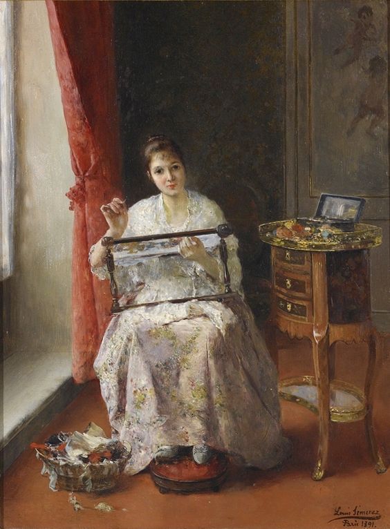 a painting of a woman sitting in a chair next to a table with a laptop on it