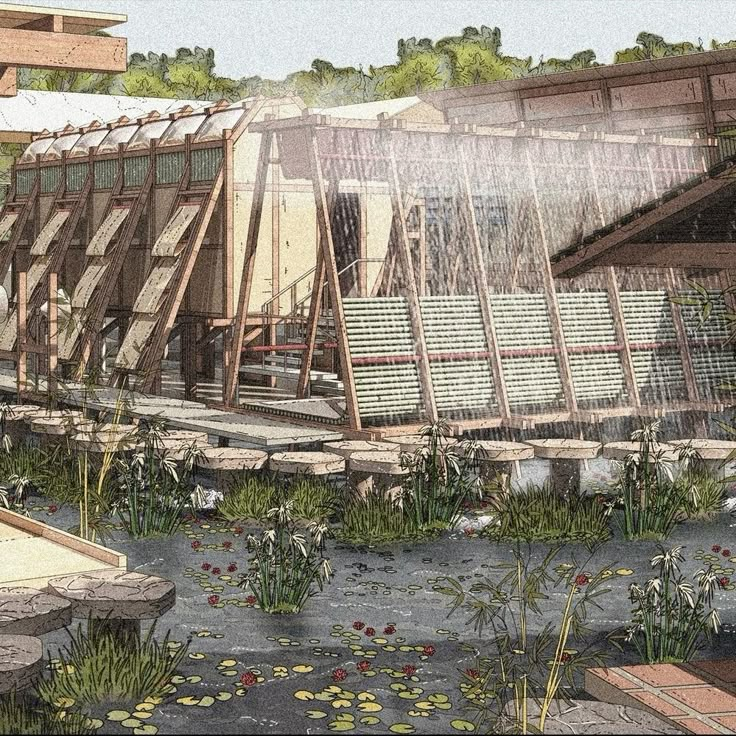 an artist's rendering of a building being constructed in the water and surrounded by greenery