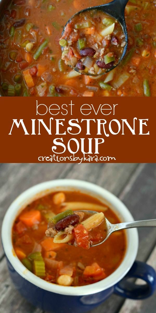 the best ever minestone soup in a blue bowl with a ladle full of soup