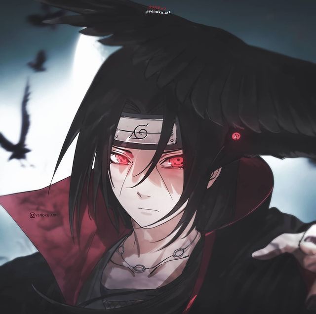 an anime character with black hair and red eyes