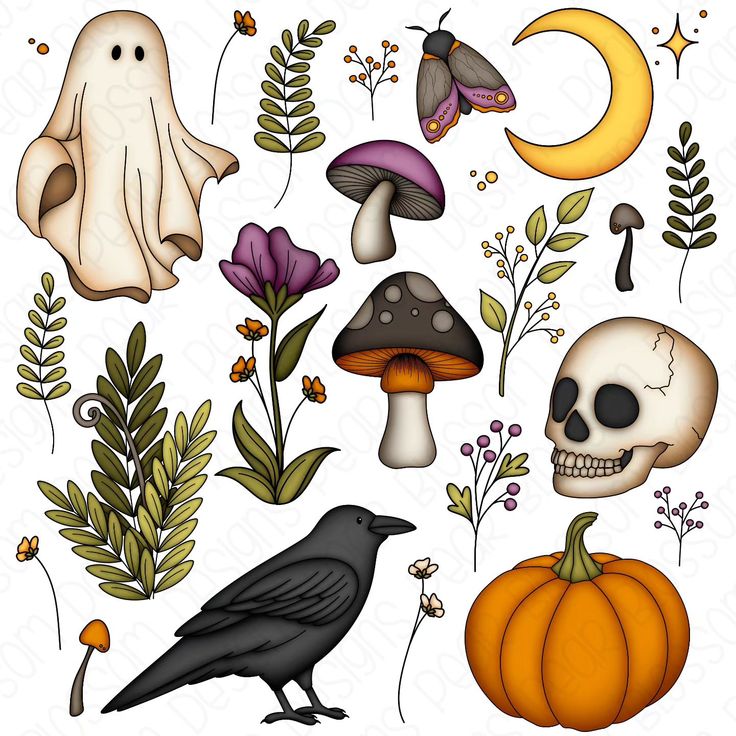 halloween clipart set with skulls, mushrooms, bats and other items to make it look like they are in the woods