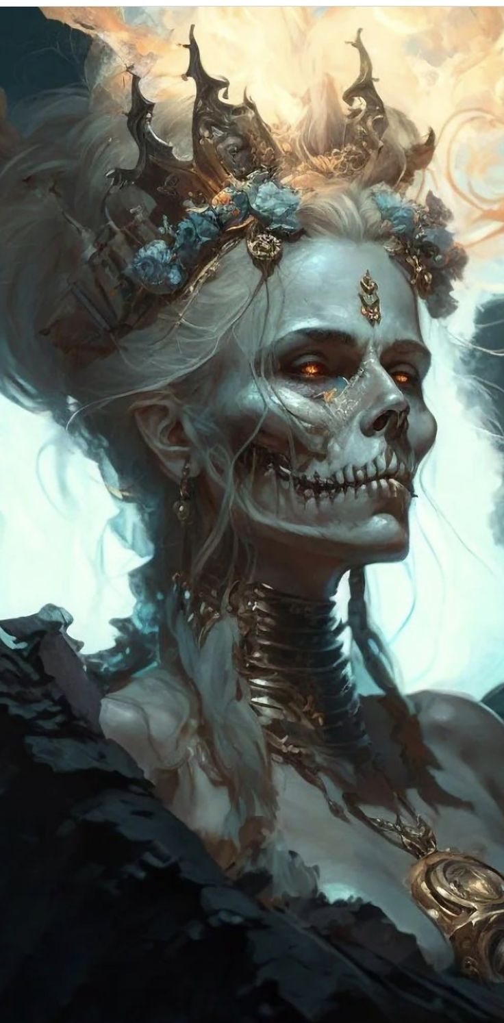 a woman with white hair and skull makeup is shown in this digital painting by artist jeff vander