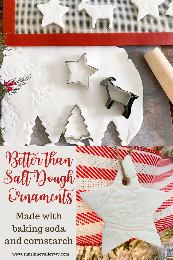 homemade christmas cookies and cookie cutters on a baking sheet with the words better than salt dough ornaments made with baking soda and cornstarch