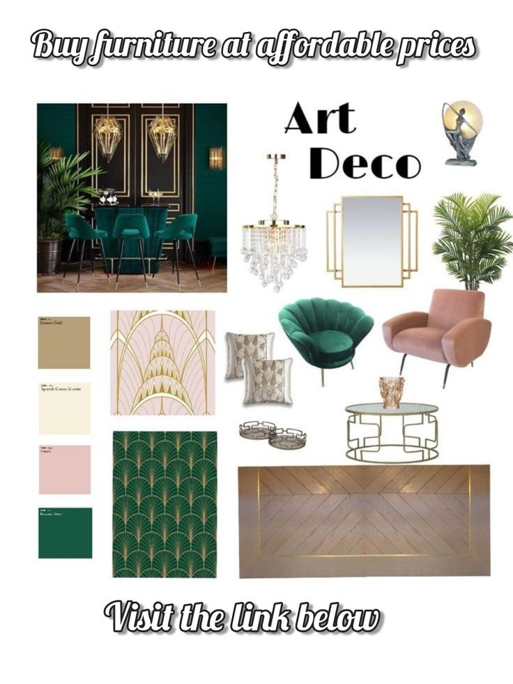 an art deco mood board with green chairs and gold accents