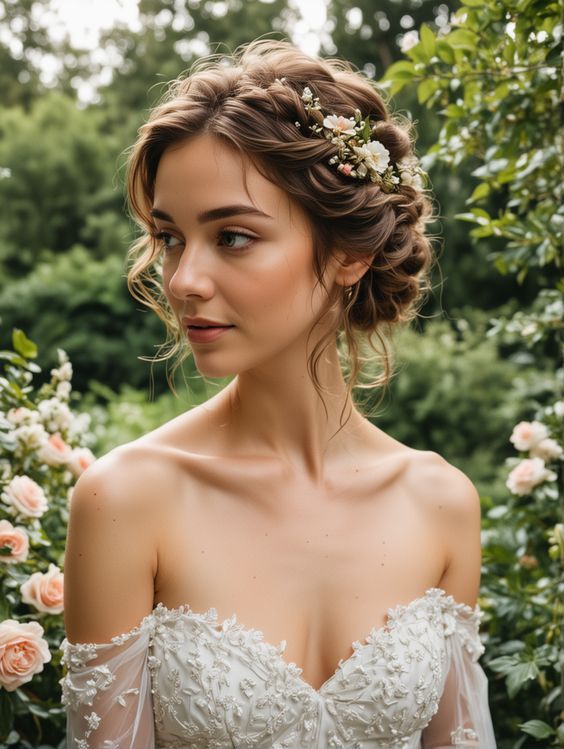 a woman wearing a wedding dress standing in front of some flowers and greenery with her hair pulled back