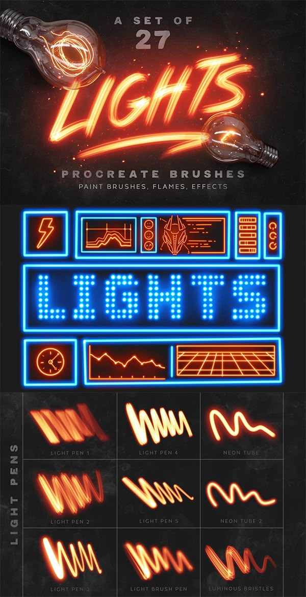 the poster for lights is shown in blue and orange colors, with neon letters on it