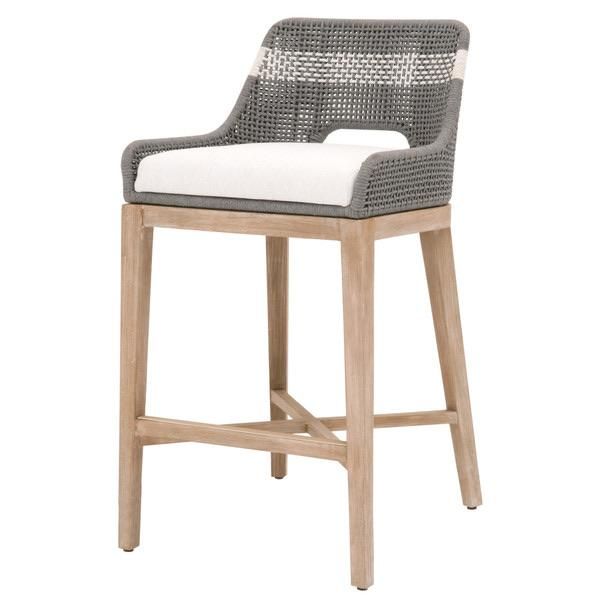 a gray and white bar stool with an upholstered cushion on the backrest