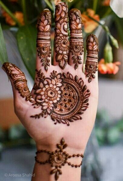 a woman's hand with henna tattoos on it and flowers in the background