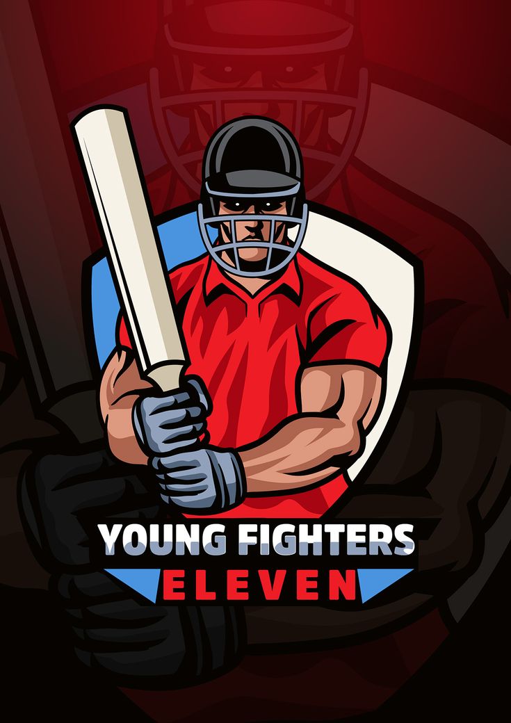 a man holding a baseball bat on top of a red and blue background with the words young fighters eleven