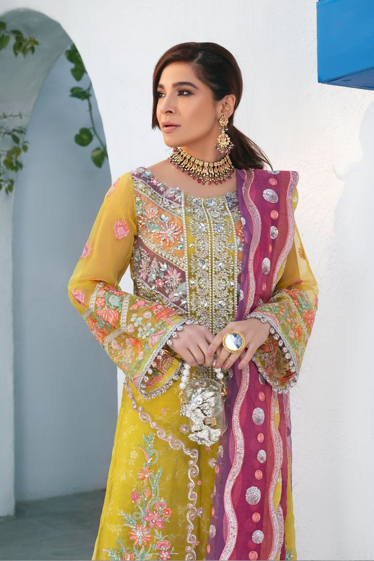 Designer Salwar kameez | Designer Punjab Suits | Pakistani Salwar Kameez Yellow Salwar Kameez With Intricate Embroidery For Weddings, Designer Yellow Churidar With Intricate Embroidery, Multicolor Long Sleeve Anarkali Set With Dabka Work, Yellow Unstitched Suit With Intricate Embroidery For Wedding, Yellow Anarkali Set With Dabka For Wedding, Yellow Dabka Anarkali Set For Wedding, Yellow Chinon Sets With Intricate Embroidery, Yellow Sets With Intricate Embroidery In Chinon, Semi-stitched Yellow Salwar Kameez With Intricate Embroidery