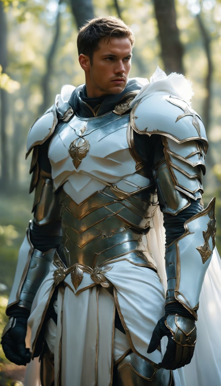 a man dressed in armor standing in the woods