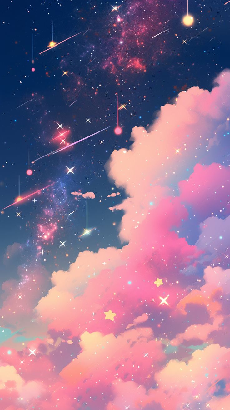 the sky is filled with stars, clouds and bright pink hues in this image