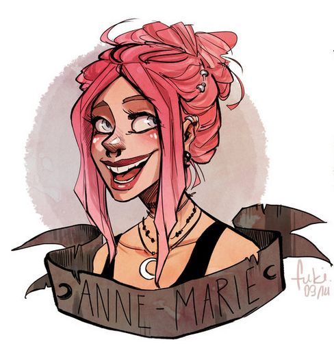 a drawing of a woman with pink hair wearing a black top and holding a banner that says annie - marie