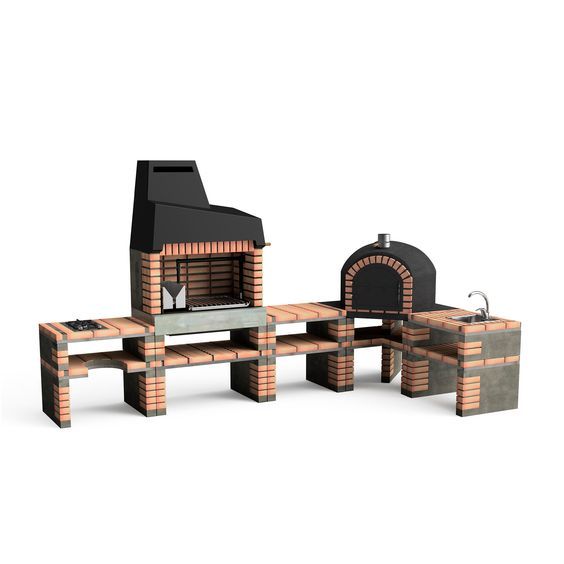 an outdoor fireplace with two benches and a fire place in front of it on a white background